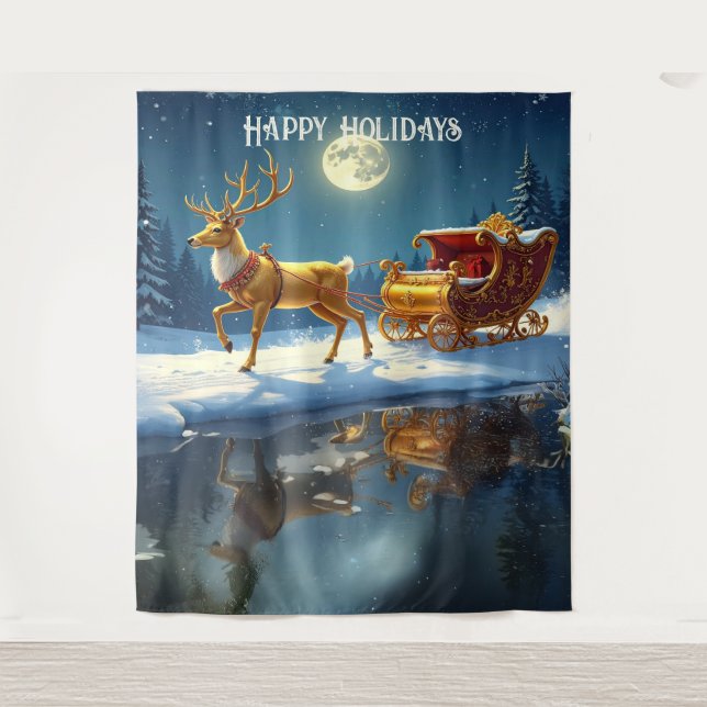 Tapete De Parede Reindeer Christmas Sleigh Holiday Backdrop (Frente)