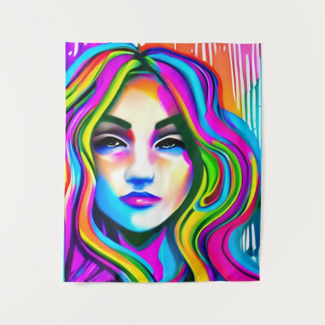 Tapete De Parede Retrato Retro de uma Mulher com Cabelo Arco-íris (Frente)