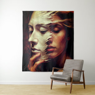 Tapete De Parede Retrato Surrealista de Mulher com Máscara Pintada