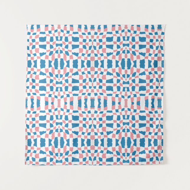 Tapete De Parede Retro Mod Rosa Azul Xadrez Abstrato (Frente)