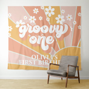 Tapete De Parede Retro Sunshine Groovy One Daisy Birthday Banner Ta
