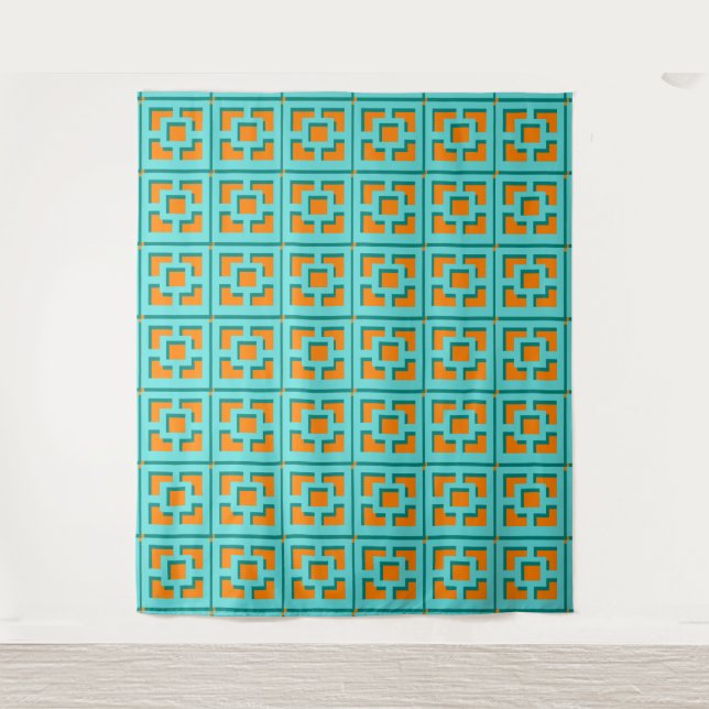 Tapete De Parede Retro Turquoise and Orange Trellis Tapestry (Frente)