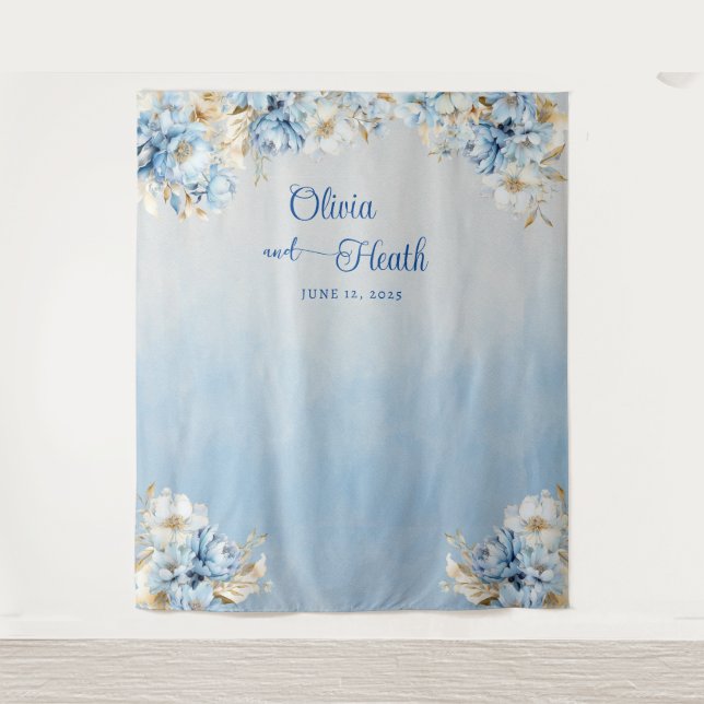 Tapete De Parede Romance Azul Floral com Dourado (Frente)