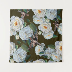 Tapete De Parede Rosa de flores brancas com folhas desenhando em pa