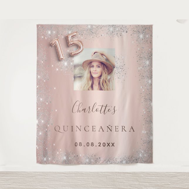 Tapete De Parede Rosa de Quinceanera, foto dourada, brilho prateado (Frente)