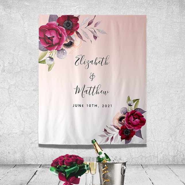 Tapete De Parede Rosa dourado casamento floral borgonha (Criador carregado)