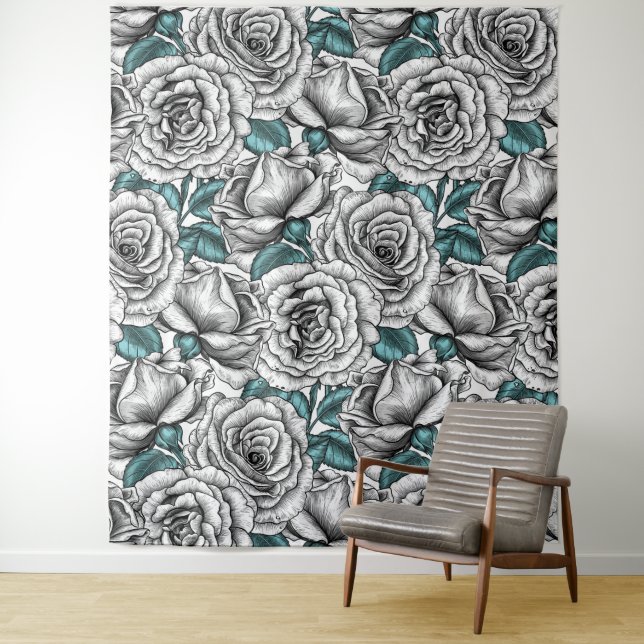 Tapete De Parede Rosas brancas com folhas azuis (In Situ)
