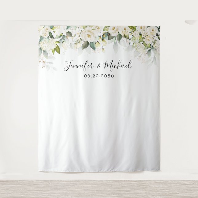 Tapete De Parede Rosas Brancas Greenery Backdrods de Casamento (Frente)