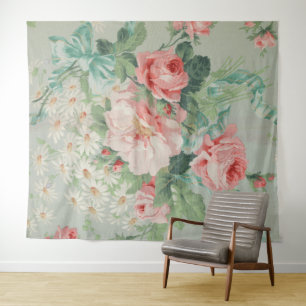 Tapete De Parede Rosas e Margaridas em Tecido Vintage Britânico de 
