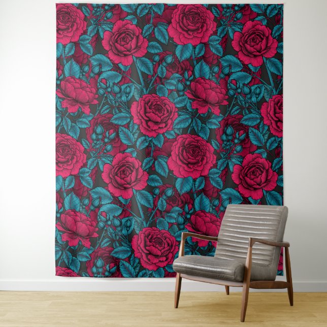 Tapete De Parede Rosas em vermelho e azul (In Situ)