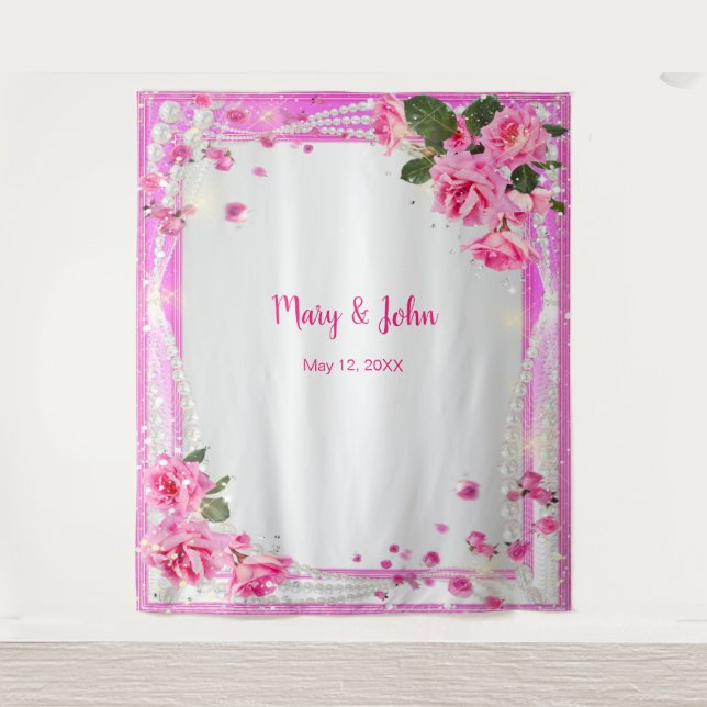 Tapete De Parede Rosas Rosa E Pérolas - Fundo De Casamento (Frente)