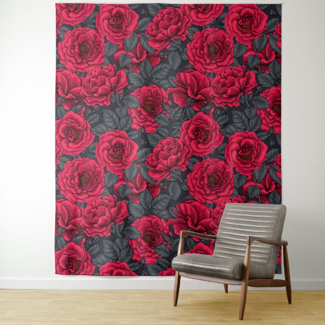 Tapete De Parede Rosas vermelhas com folhas de cinza em preto (In Situ)