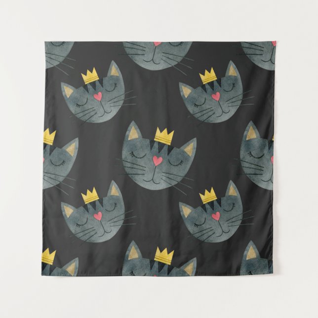 Tapete De Parede Rostos de gato com aquarela, sem soldadura a preto (Frente)