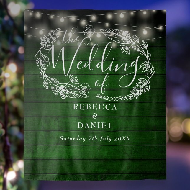 Tapete De Parede Rustic Green Wood String Luzes De Casamento Fundo (Rustic Green Wood String Lights Wedding Backdrop)