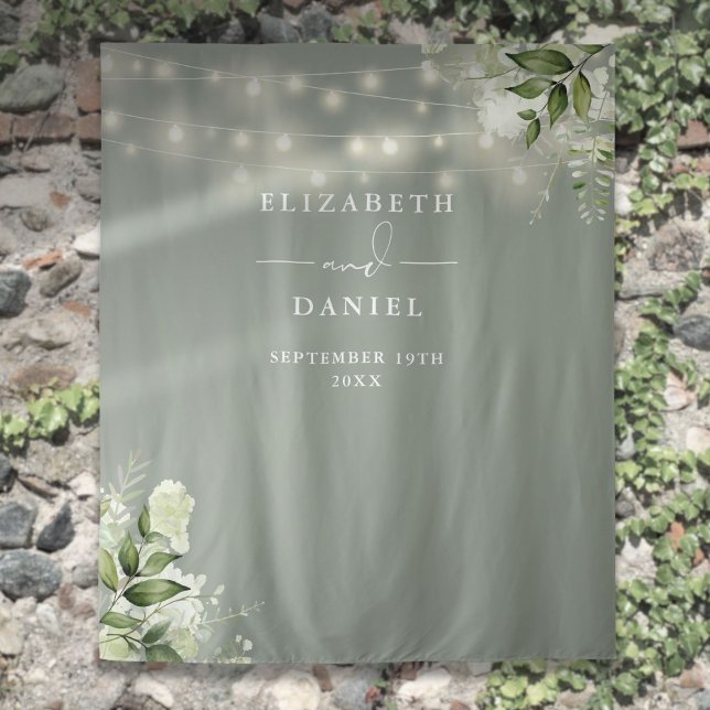 Tapete De Parede Sage Green Floral Luzes de Casamento Foto Plano de (Sage Green Floral Lights Wedding Photo Backdrop)