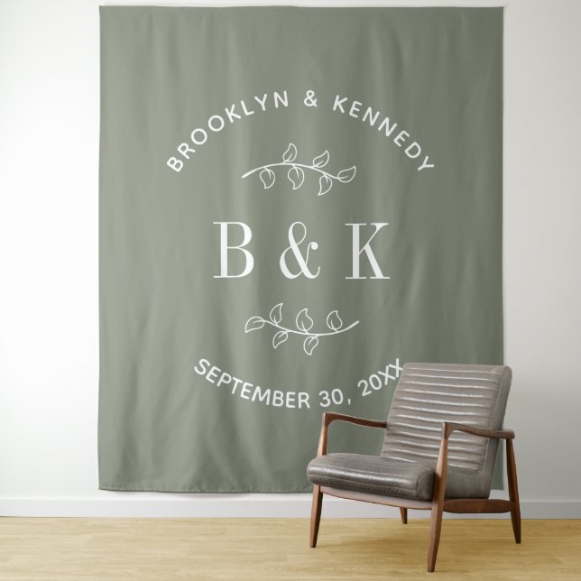 Tapete De Parede Sage Green Floral Monograma Nome do Casal (In Situ)