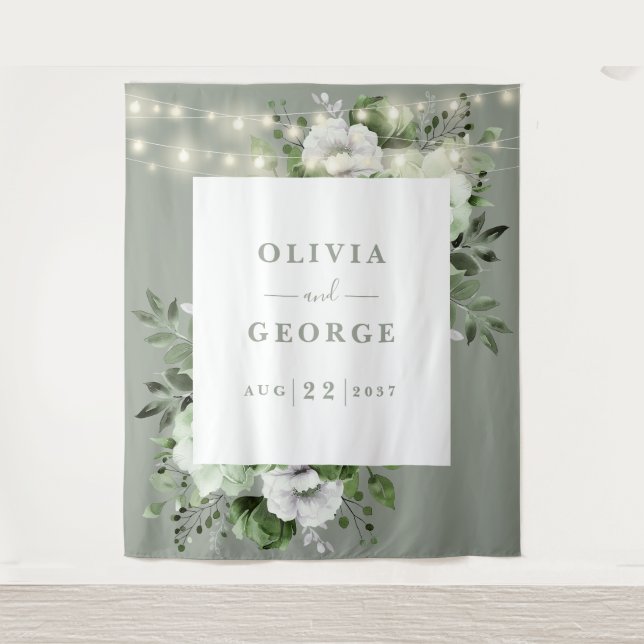 Tapete De Parede Sage Green String Lights Floral Photo Backdrop (Frente)