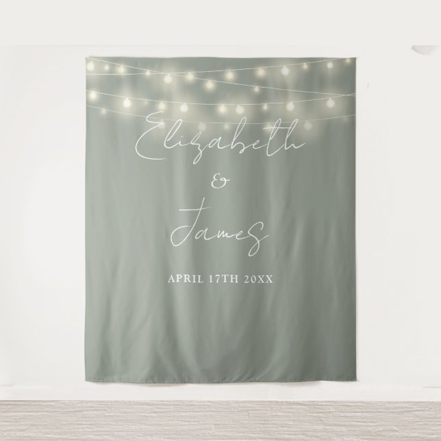 Tapete De Parede Sage Green String Luz Foto De Casamento (Frente)