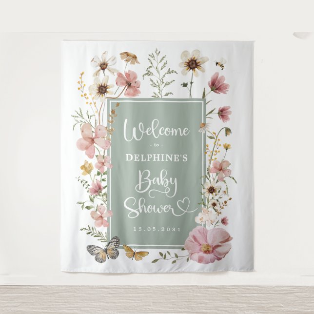 Tapete De Parede Sage Green Wildflower Baby in Bloom Welcome (Frente)