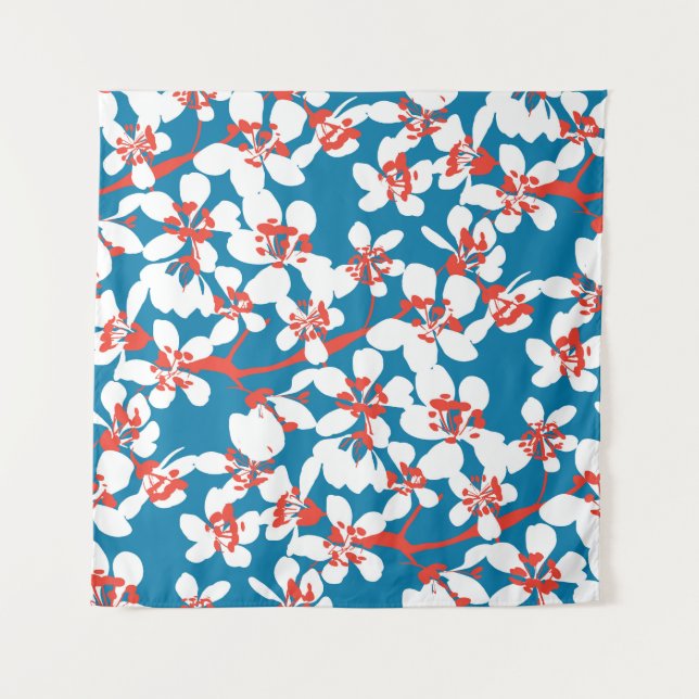 Tapete De Parede Sakura branca, padrão de fundo azul clássico. (Frente)