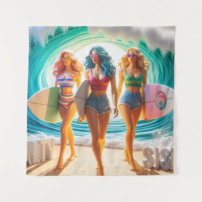 Tapete De Parede Salty Sisterhood Trio Girls Beach Walk Surfer (Frente)