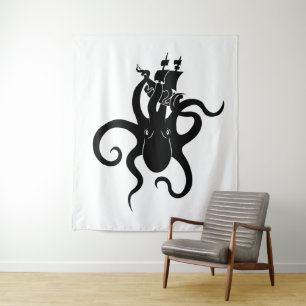 Tapete De Parede Sea Monster Black and White Kraken com navio