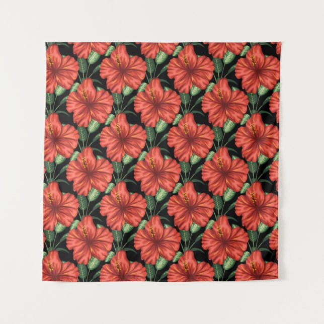 Tapete De Parede Seamless pattern Tropical red flowers green leaves (Frente)