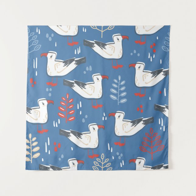 Tapete De Parede seamless pattern with walking gull. Bird and leave (Frente)
