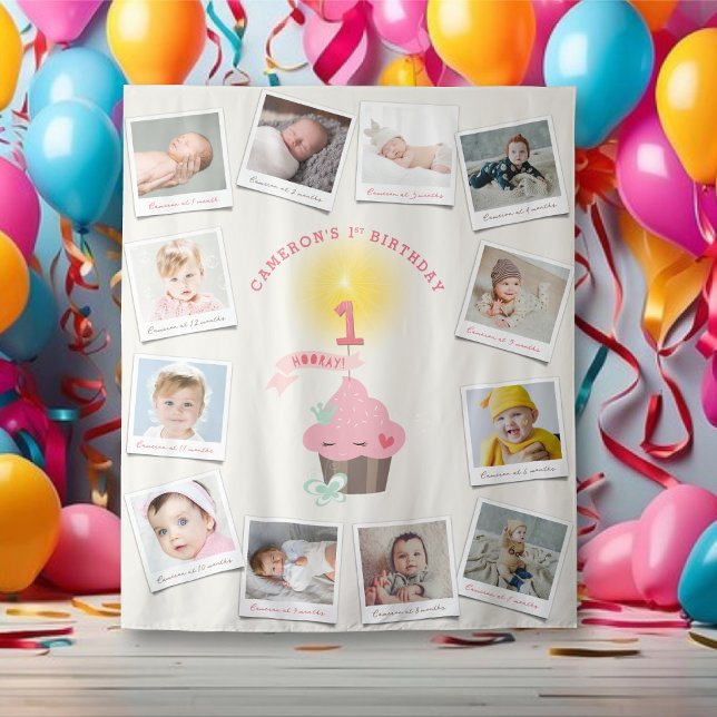 Tapete De Parede Senhorita Cupcake Rosa Birthday 12 Foto Panorâmica (Miss Pink Cupcake Girl's 1st Birthday 12 Photo Backdrop Tapestry @ fatfatin_mini_me)