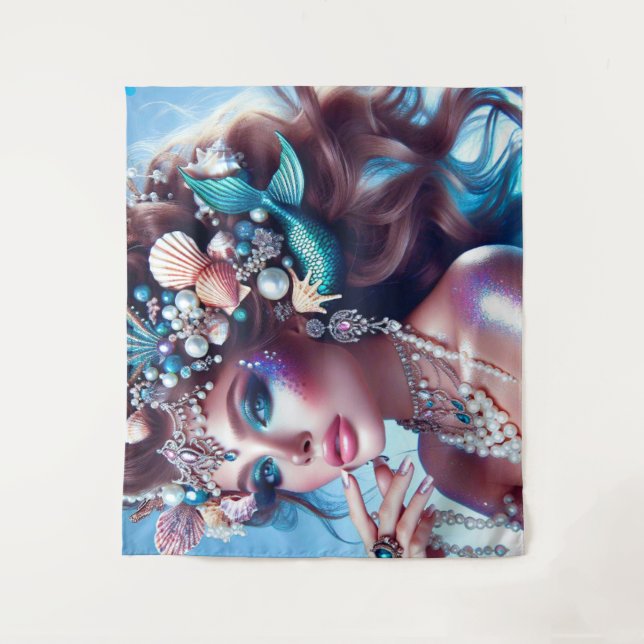 Tapete De Parede Sereia com tesouros marítimos joalharia (Frente)