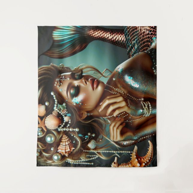 Tapete De Parede Sereia com tesouros marítimos joalharia (Frente)