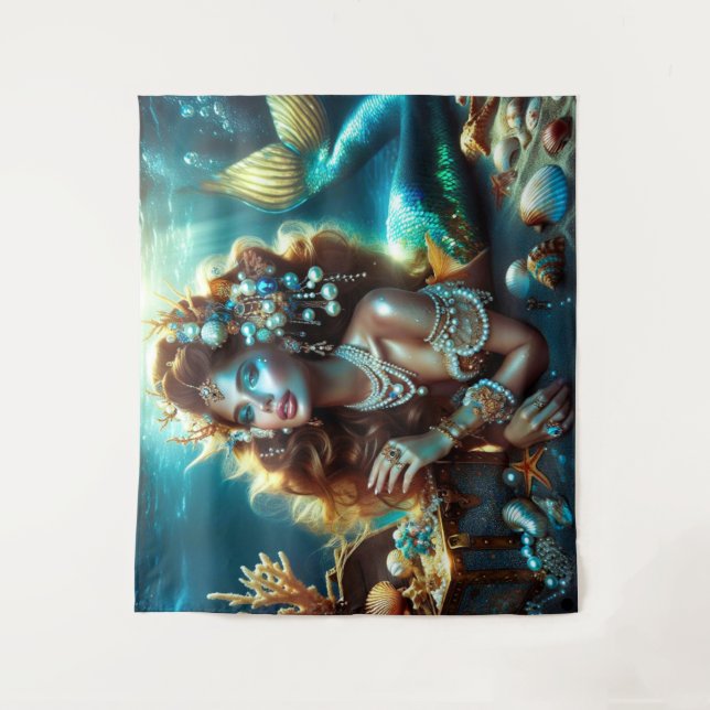 Tapete De Parede Sereia com tesouros marítimos joalharia (Frente)