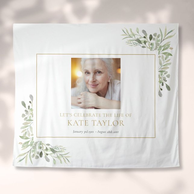Tapete De Parede Serviço Memorial de Funeral com Fotografia de Vege (Modern Greenery Photo Funeral Memorial Service Tapestry)