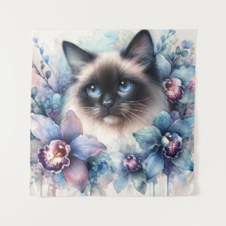 Tapete De Parede Siamese Cat Among Orchid Flowers Watercolor