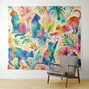 Tapete De Parede Silhuetas de Gatos Tropicais Coloridos em Aquarela