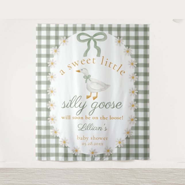 Tapete De Parede Silly Goose Green Gingham Baby Shower Backdrop (Frente)