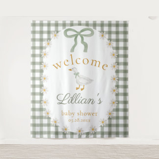 Tapete De Parede Silly Goose Green Gingham Cottagecore Baby Shower 