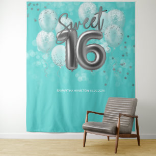 Tapete De Parede Silver Foil Sweet 16 Balões de Dias Fundo Teal