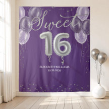 Silver Foil Sweet 16 Balões Fundo Roxo