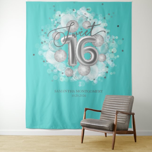 Tapete De Parede Silver Sweet 16 Bday Balloons Party Teal Backdrop (In Situ)