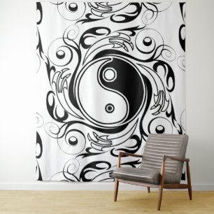 Tapete De Parede Símbolo Yin & Yang Preto e Branco Estilo Tatuagem
