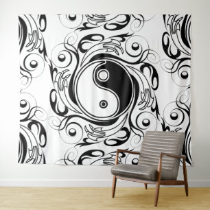 Tapete De Parede Símbolo Yin & Yang Preto e Branco Estilo Tatuagem