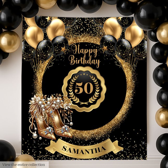 Tapete De Parede Sinal de aniversário de 50º Aniversário com Dourad (Glitter Gold High Heels 50th Birthday Sign Tapestry)