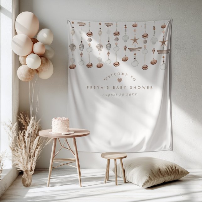 Tapete De Parede Sinal de Boas-Vindas da Praia Boho em Concha (Zazzle Boho Beach Shell Welcome Sign Tapestry)