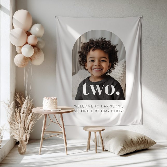 Tapete De Parede Sinal de Boas-Vindas de Aniversário de 2 Anos com  (Zazzle 2nd Birthday Two Arched Photo Welcome Sign Tapestry)