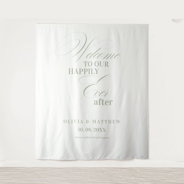 Tapete De Parede Sinal de Boas-Vindas de Casamento Verde Sage Elega (Frente)