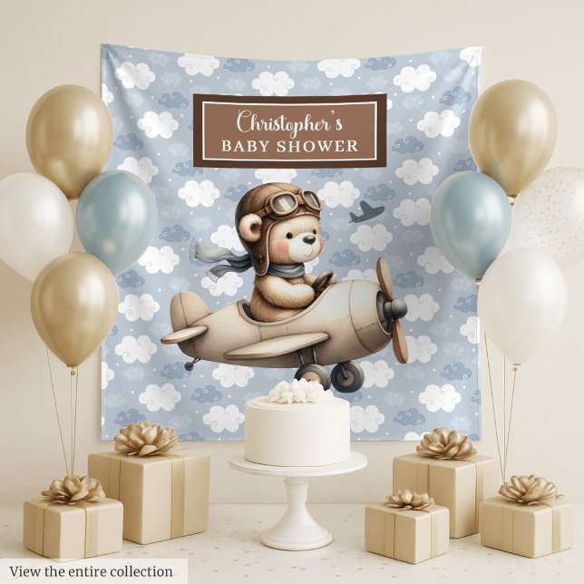 Tapete De Parede Sinal de celebração do chá de bebê do piloto ursin (Cute teddy bear pilot boy shower celebration sign Tapestry)