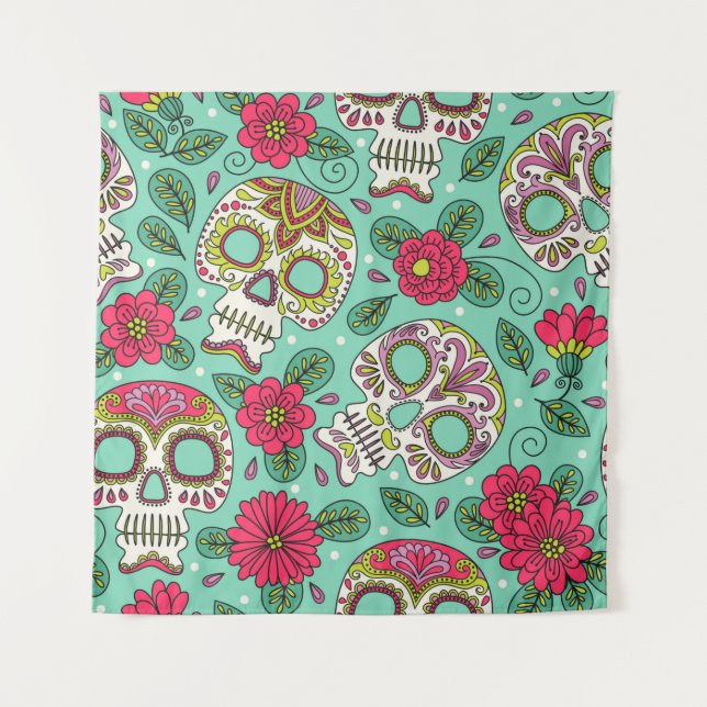Tapete De Parede Skull and Flowers. Seamless Background. Mexican da (Frente)