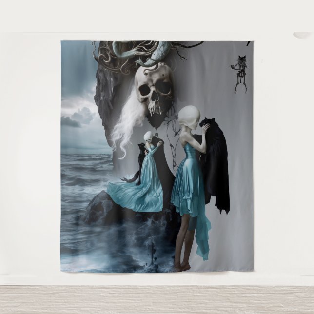 Tapete De Parede Skull Black Cat Shadow Work Occult Witchy AI Art (Frente)