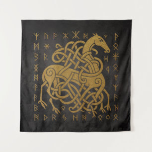 Tapete De Parede Sleipnir, Cavalo Nórdico Dourado com Símbolo de Ru